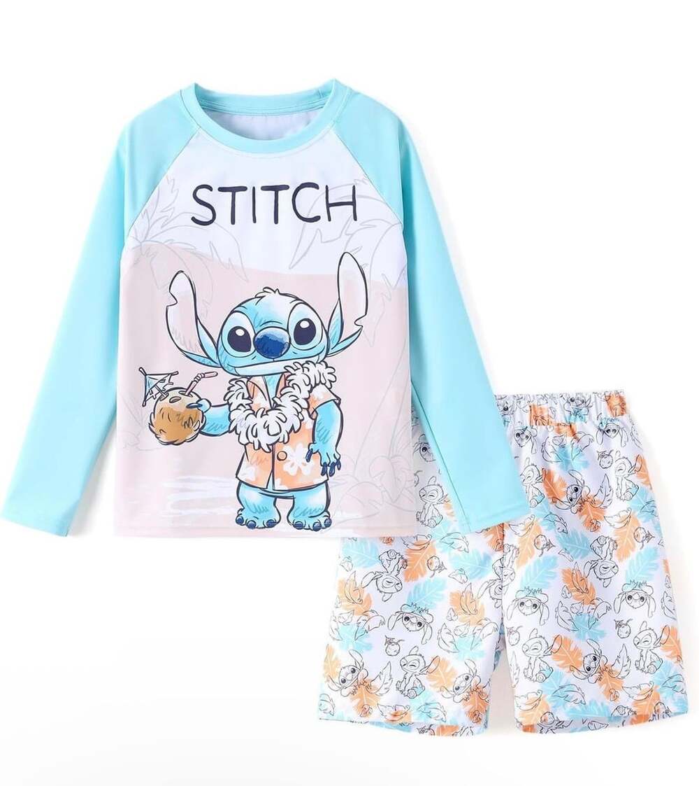 Disney Stitch Long Sleeve Rash Guard Top and Shorts Swim Set